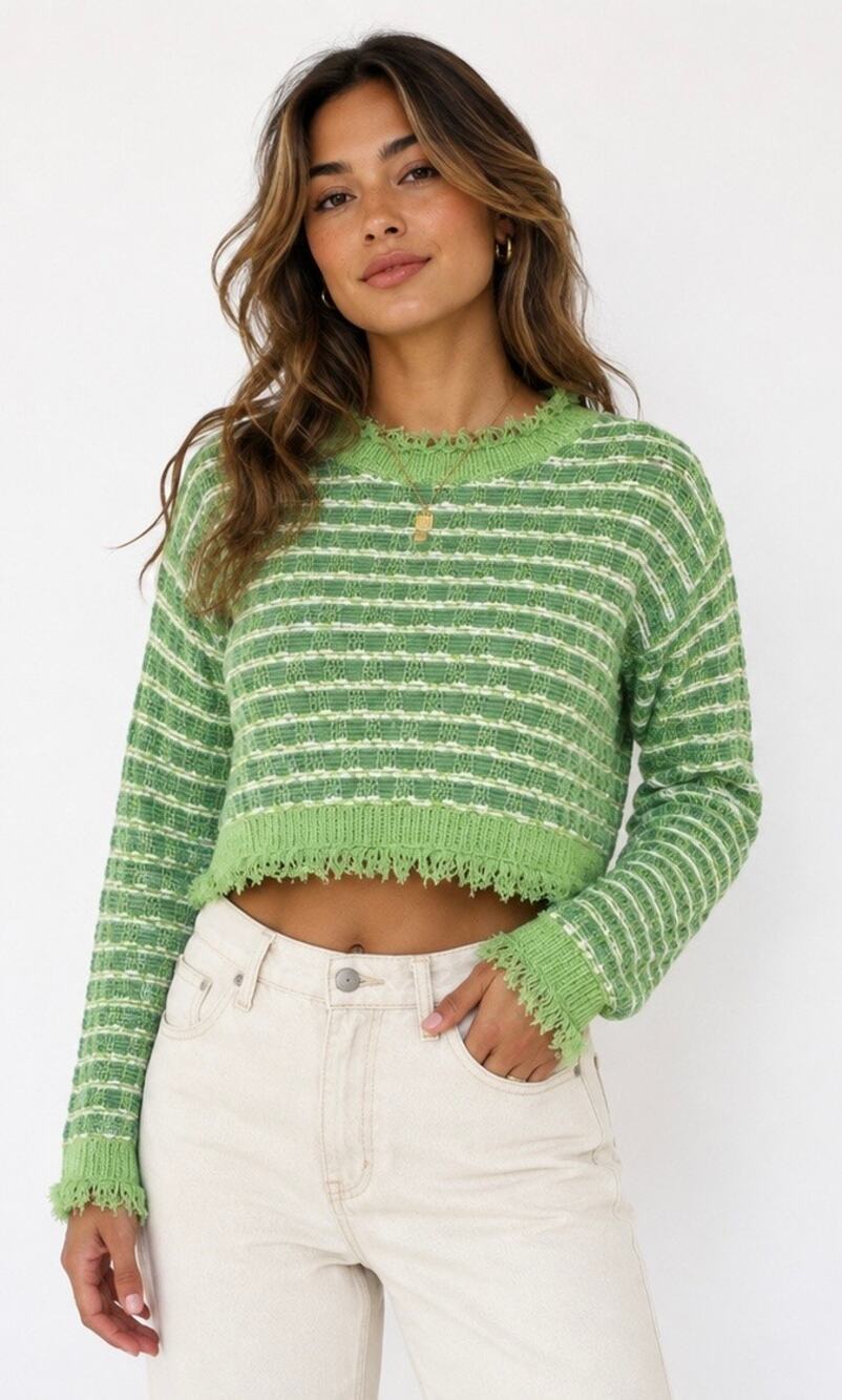Zara Frayed Knit Crop Sweater Green White Striped Size M